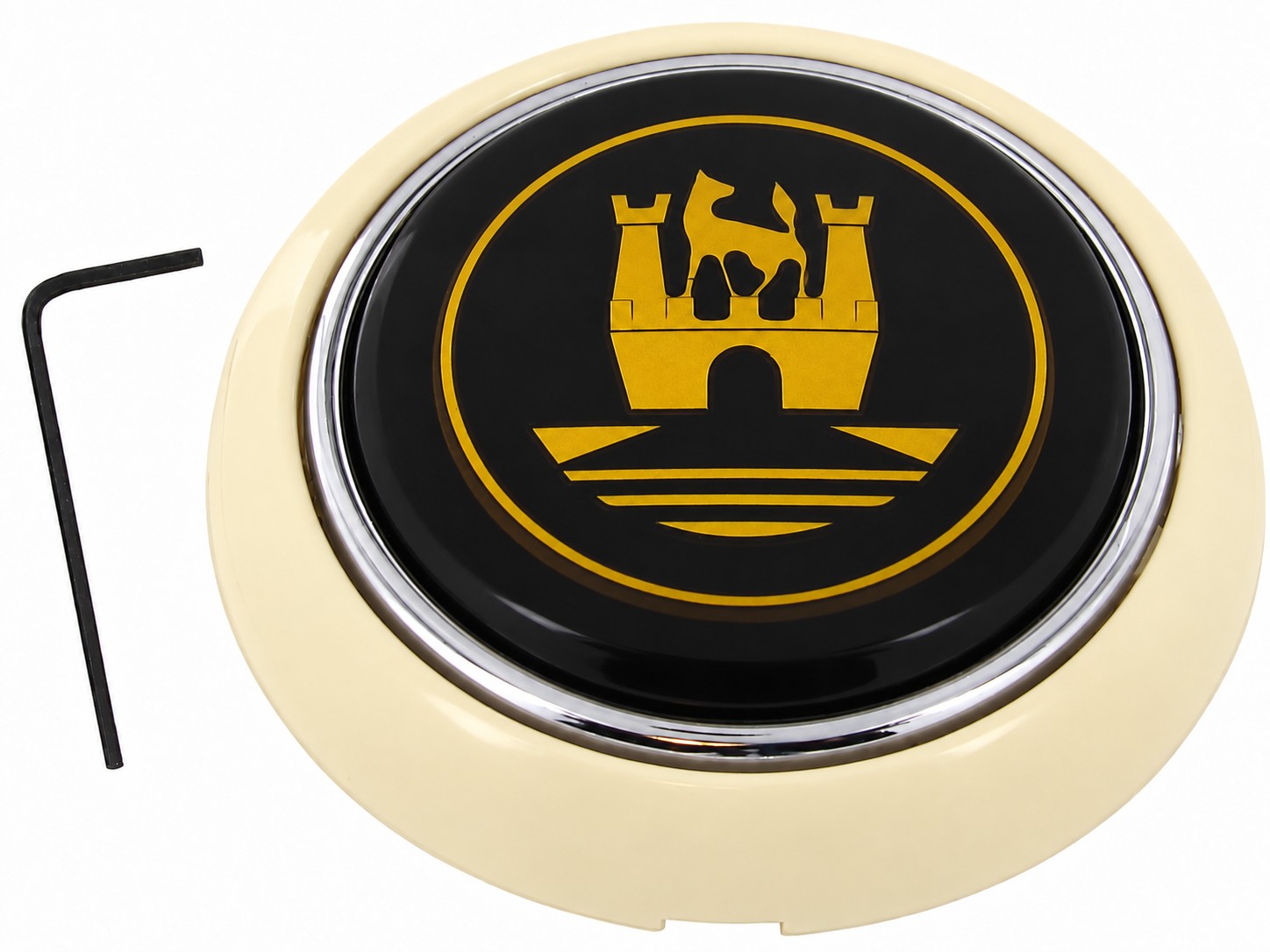 Ivory horn button with gold-colored emblem