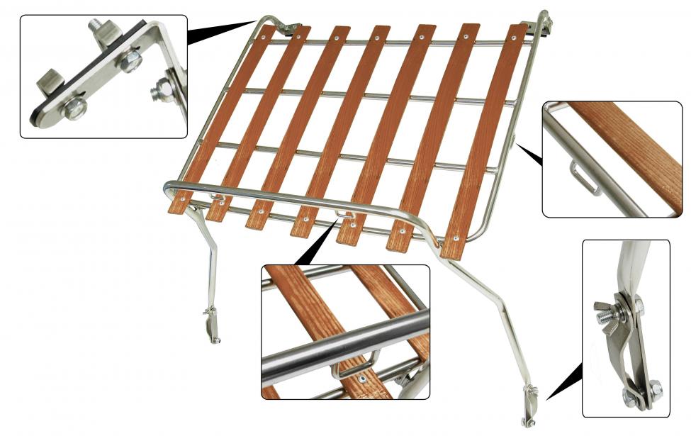 Bagasjehylle i rustfritt stål med trelister på motorlokket