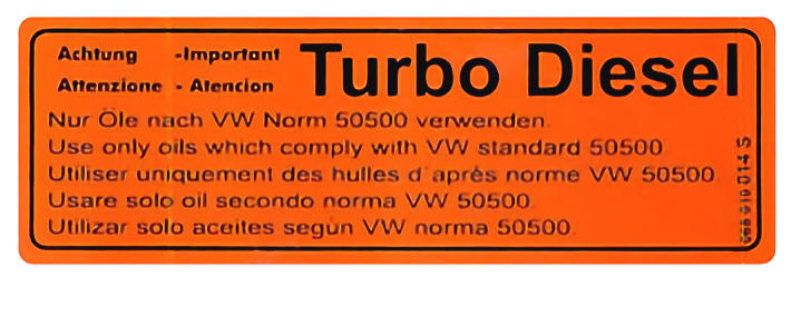 Valve cover or license plate flap sticker oil specification orange