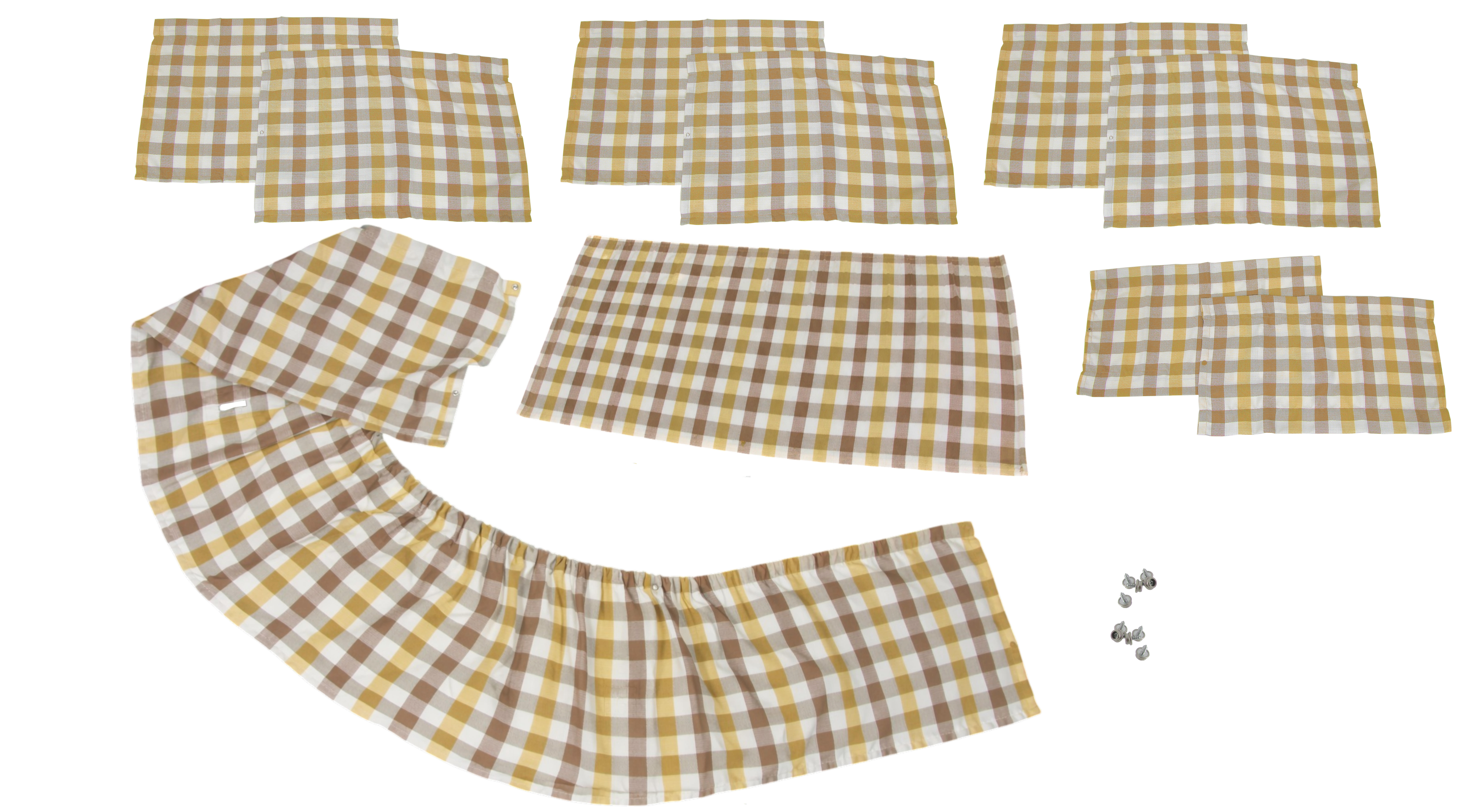 Gardinsett, rutete hvit/gul/brun (12 deler)-COPY