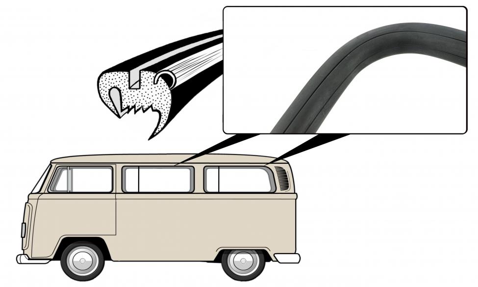 Keskimmäisen sivuikkunan / takasivuikkunan tiiviste (koristelistan uralla, tuuletusikkunalliseen versioon)