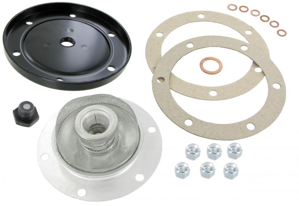 Musta öljypohjan kansi sihteineen, tiivisteineen ja kiinnitysmuttereineen, magneettisella öljypropulla