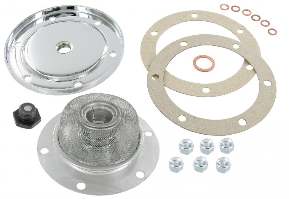 Kromattu öljypohjan kansi sihteineen, tiivisteineen ja kiinnitysmuttereineen, magneettisella öljypropulla