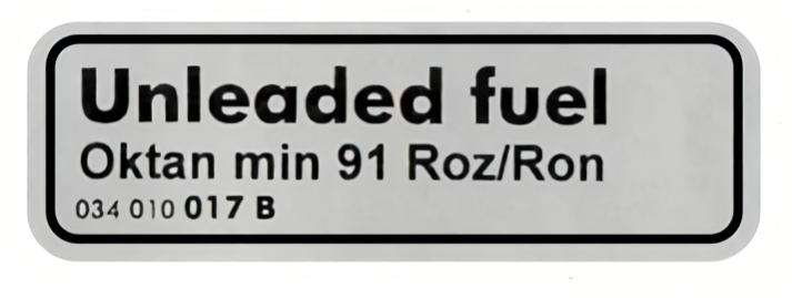 Aufkleber `unleaded Fuel oktan min 91 roz/ron`