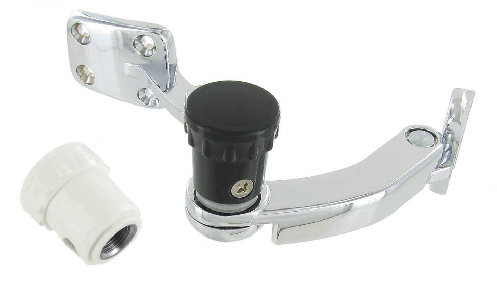 Pop-out takasivuikkunan salpa vaalealla ja mustalla nupilla, vasen