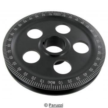 Black anodized aluminum crankshaft pulley with laser engraved graduation