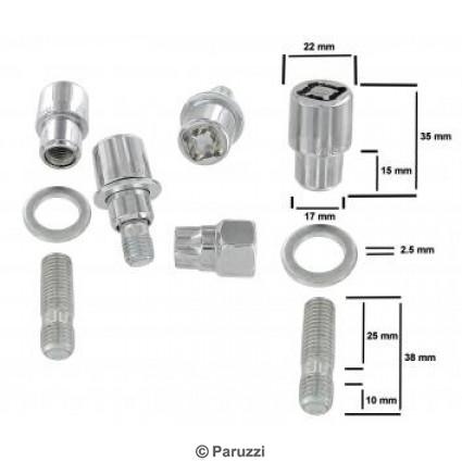 Verchroomde wielmoer en draadeind set met vlakke ring sloten (4 stuks)
