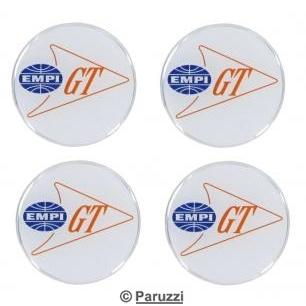 Wheel cap decals with EMPI GT logo on white background (4 pieces)
