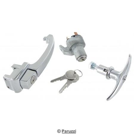 Door handle, ignition switch and engine lid lock kit with one key