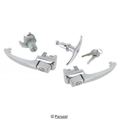 Door handles, ignition switch and engine lid lock kit with one key
