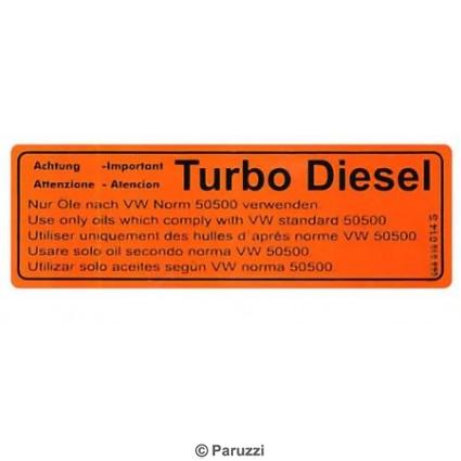 Valve cover or license plate flap sticker oil specification orange
