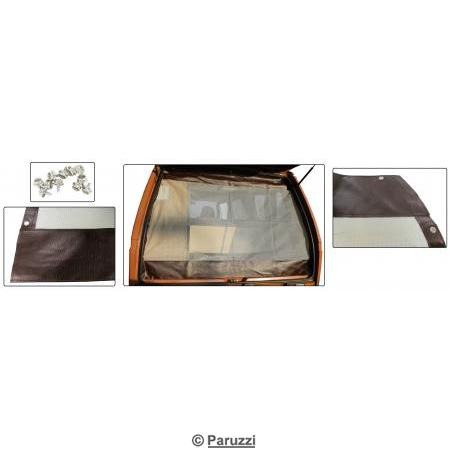 Rear hatch screen including hardware without zipper brown