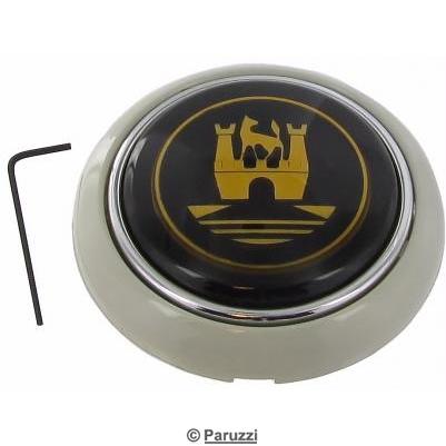 Horn button silver beige with gold-colored emblem