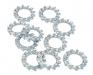 Paruzzi number: 7398 External serrated lock washers M6 (10 pieces)
Inner diameter: 6,4 mm 
Outer diameter: 11 mm 
Height: 2.1 mm 
Material: Galvanized steel 